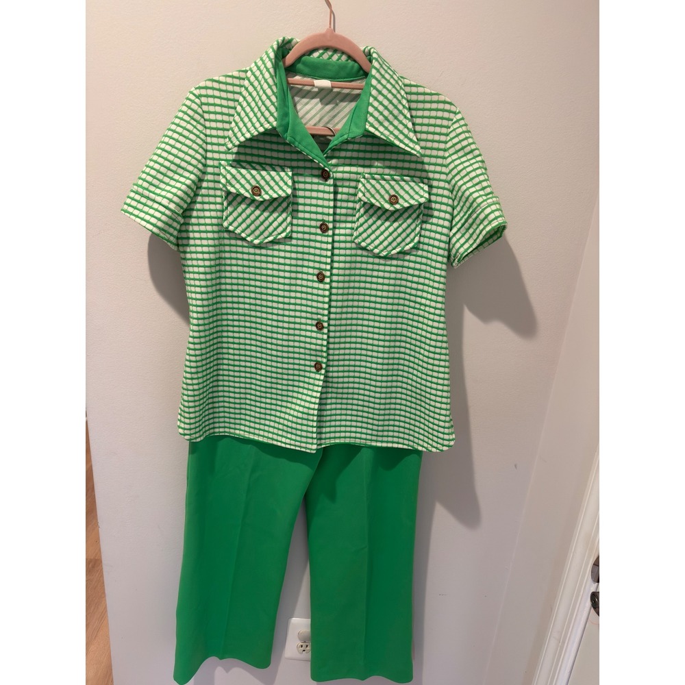 Vintage 70s Lime Green Plaid Knit Top and Pants Set